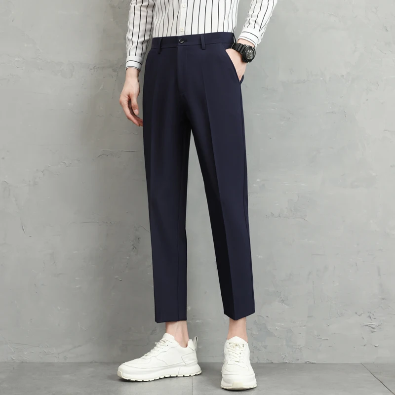 Men's summer ice thin business suit pants paired with Japanese and Korean straight leg loose black casual cropped suit pants 2