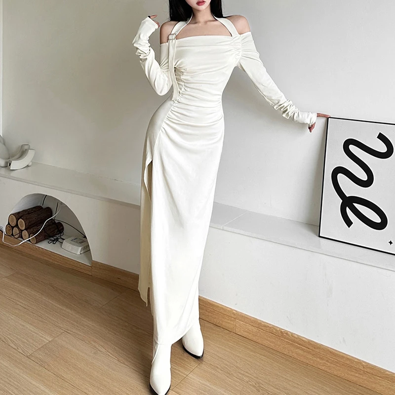 y2k Wasteland Dress Women Grunge Solid Color Long Sleeve High Split Halter Bodycon Dresses 2000s Party Dresses Clubwear