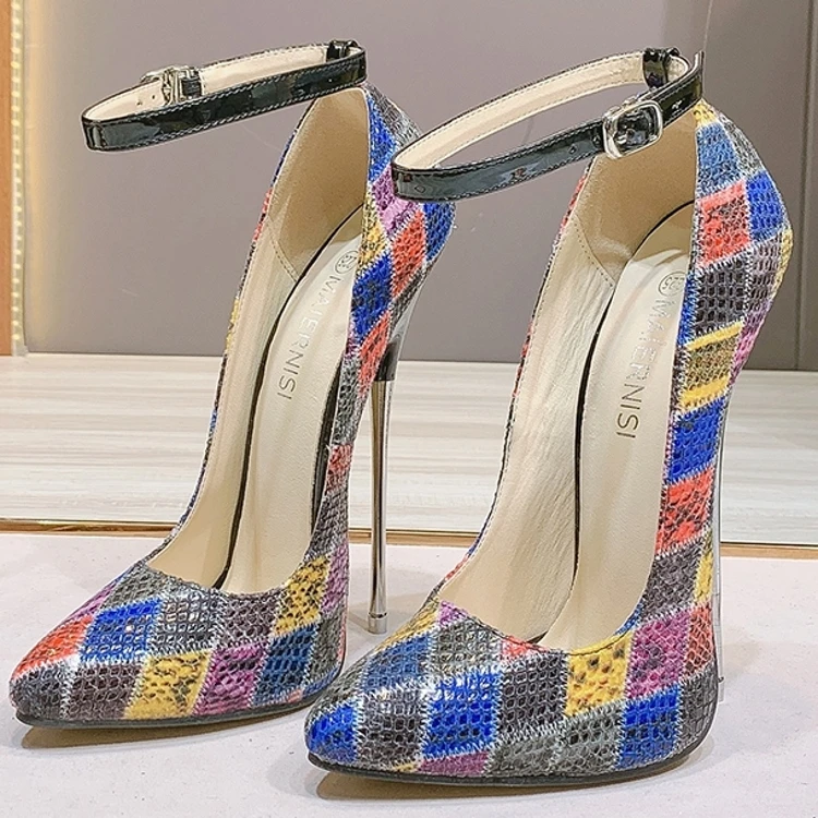 

Pointed Toe Sexy Women Pumps Ankle Strap Buckle Stiletto Mixed Color Plaid 16cm High Heels Cosplay Show Party Unisex Shoes B0122