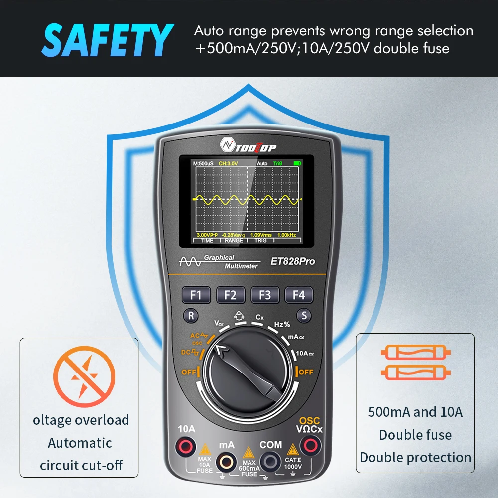 TOOLTOP ET828Pro 10MHz 50Mps/s Handheld Digital Oscilloscope 6000 Counts True RMS Multimeter Voltmeter Ammeter Automotive Oscilloscope