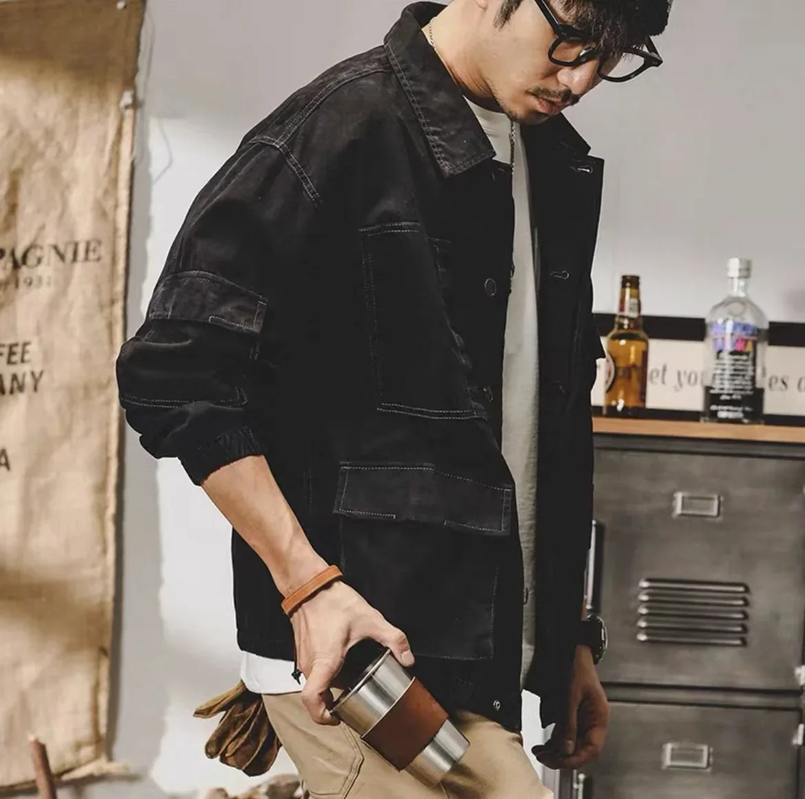Vintage Men's Tooling Jacket Coat Men's Inch Shirt Coat Loose Large Size Spring and Autumn Lapel Street Casual Denim Jacket Coat