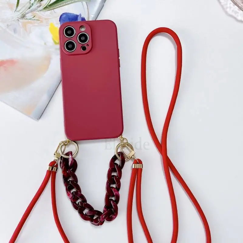 Luxury Crossbody Lanyard Case with Liquid Silicone Strap and Marble Chain Cover