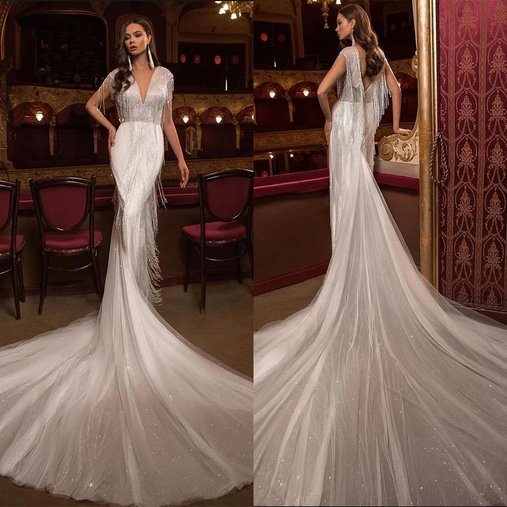 South African Mermaid Wedding Dress Tassel Beading V Neck Bridal Gowns