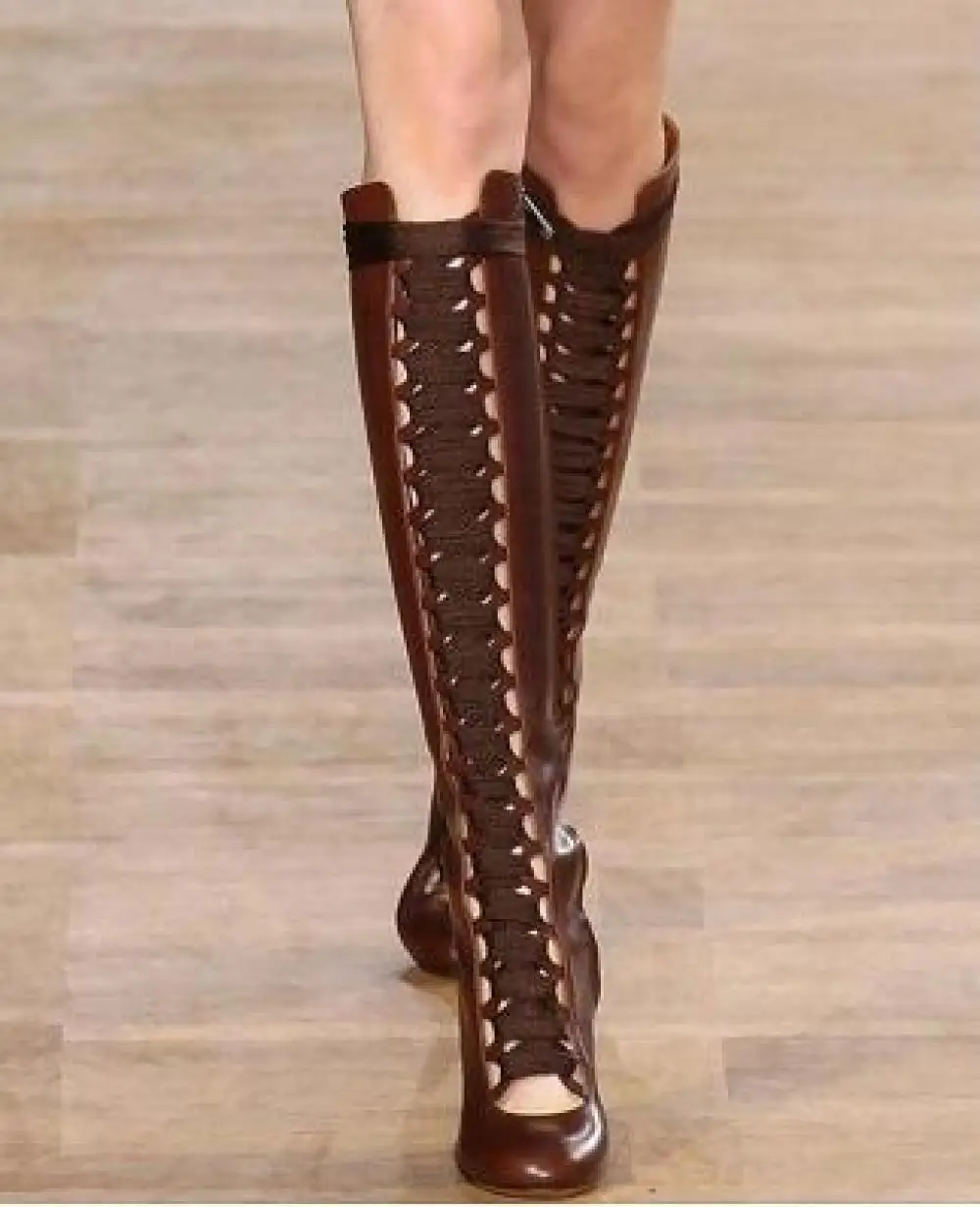 Women Knee High Gladiator Sandals Boots Suede Leather Lace Up Bota Square Heel Booties Dress Shoes Women Sexy Cuts Out Bota