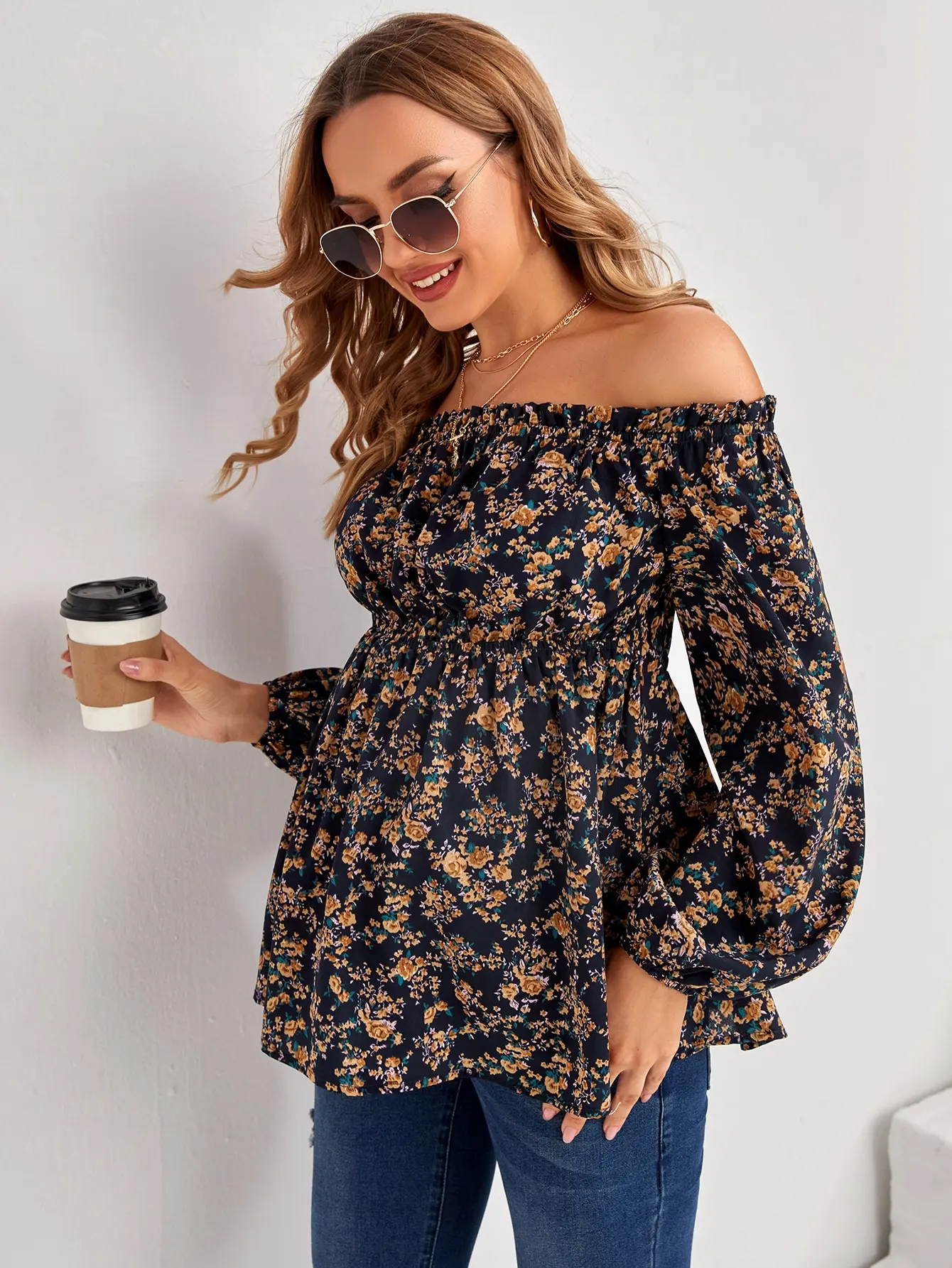 Women's Maternity Flowers Print Off Shoulder Long Sleeve Shirt Waist Top Pregnant Women's Clothing maternity breastfeeding blouse