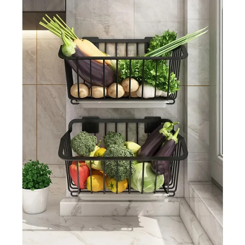

Wall-hung Vegetable Storage Rack Punching-free iron Storage Baskets for Fruit Vegetable Drain Storage Basket Kitchen Oganizer