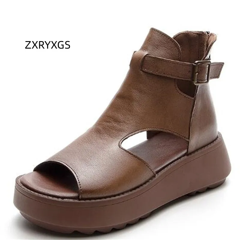 

ZXRYXGS 2023 New Top Layer Cowhide Fish Mouth Shoes Roman Sandals Platform Wedges Increase Sandals Cool Boots Women Sandal Shoes