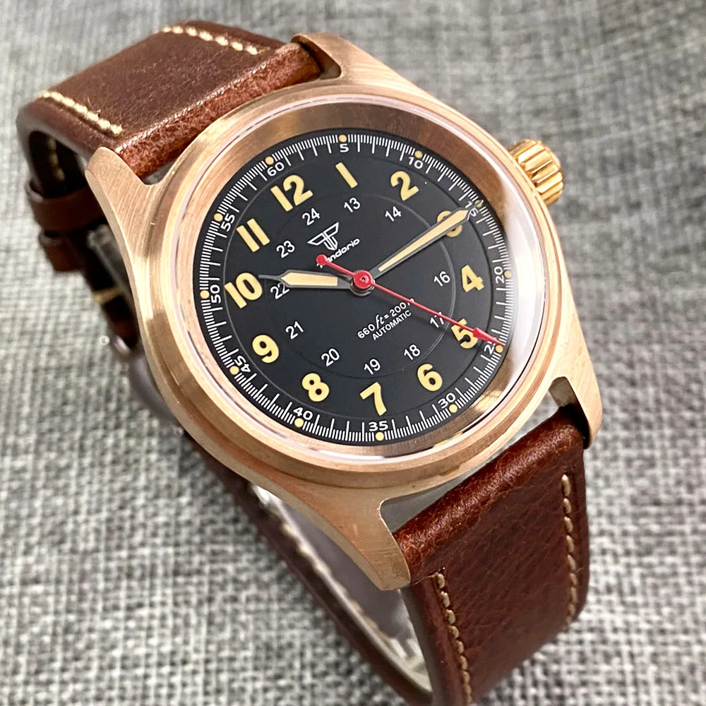 36mm Real Bronze Pilot Mechanical Watch Men 200m Water Resistant Diver Wristwatch Luminous Hand Flat Sapphire NH35 Outdoor Gift