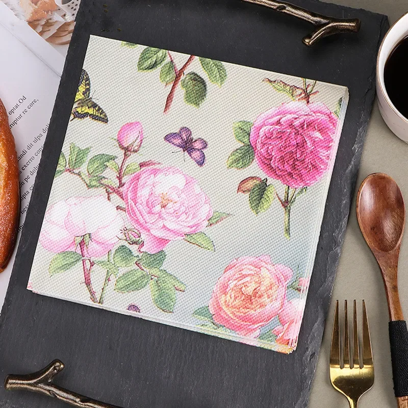 20Pcs/pack Rose Flower Butterfly Printed Table Napkins Wood Pulp Paper Disposable Tableware Wedding Party Decor