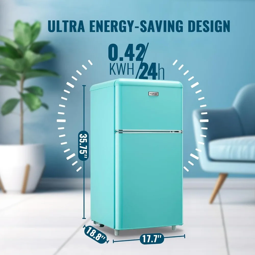 New 3.5 Cu.Ft Retro Mini Fridge Two Doors for Home Dorm College Office Freestanding Blue Refrigerator