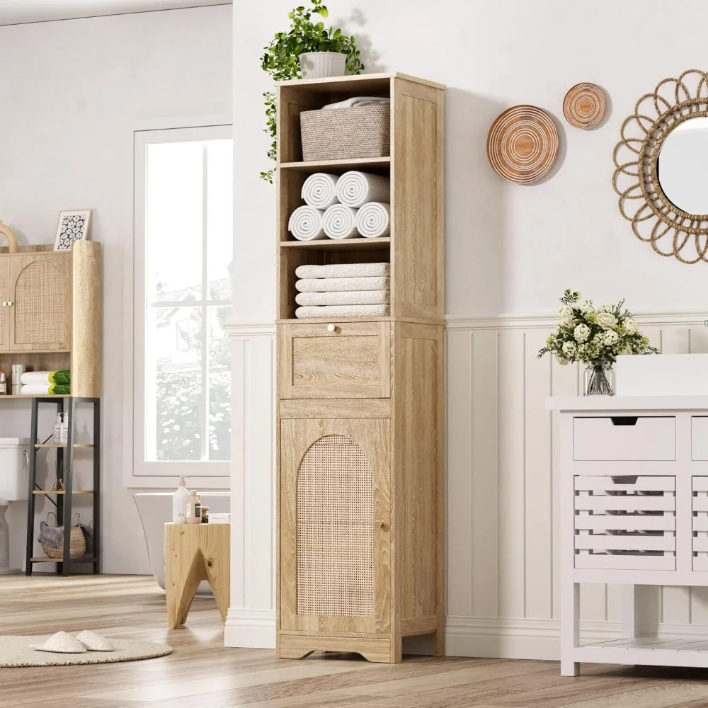 67" Natural Bathroom Storage Cabinet with Rattan Doors 1