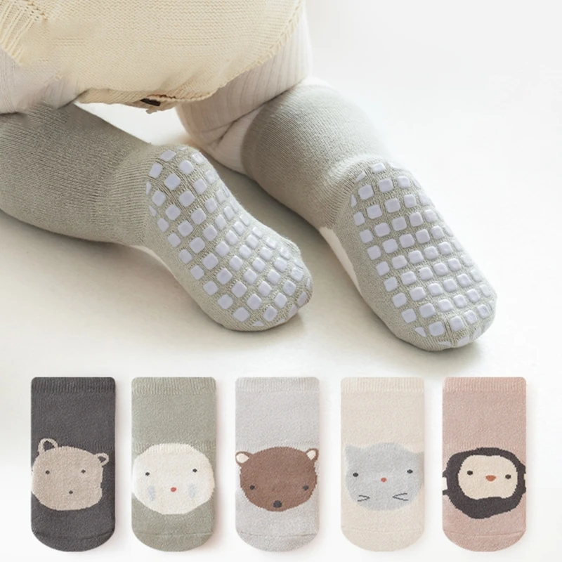 1 Pair Toddlers Non Slip Socks Cartoon Animal Design Waling Socks Cotton Winter Baby Floor Thickened