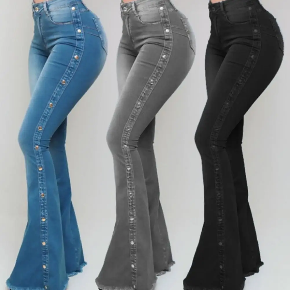 

Women Trouser High Waist Multi Pocket Button Fly Hip Lifting Flare Jean Washed Rivet Decor Wide Leg Flare Denim Pants Streetwear