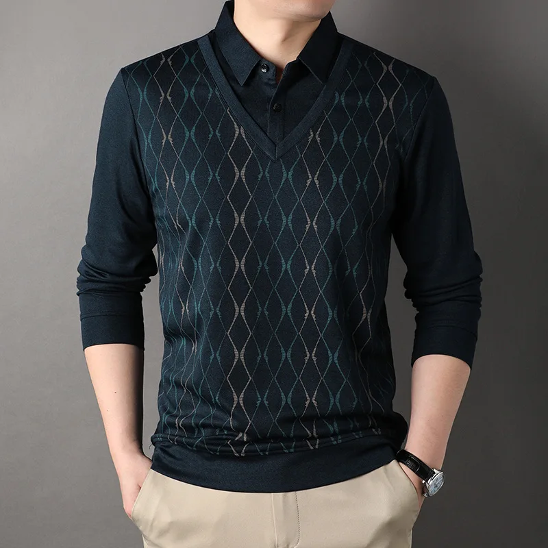

Spring and Autumn Men's Pullover Polo Solid Color Geometric Pattern Fake Two Piece Long Sleeve T-shirt Polo Bottom Fashion Tops