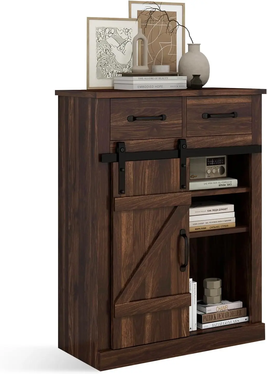 Farmhouse Storage Cabinet Modern Buffet Sideboard with 2 Drawers & Barn Door Freestanding Kitchen Pantry Coffee Bar Cabinet