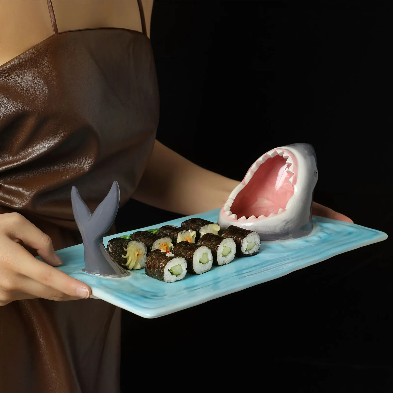 Sushi Serving Plate Ceramic Shark Shape Porcelain Platter 12.9&times; 7.8&times;3.9 Inches Japanese Style Porcelain Food