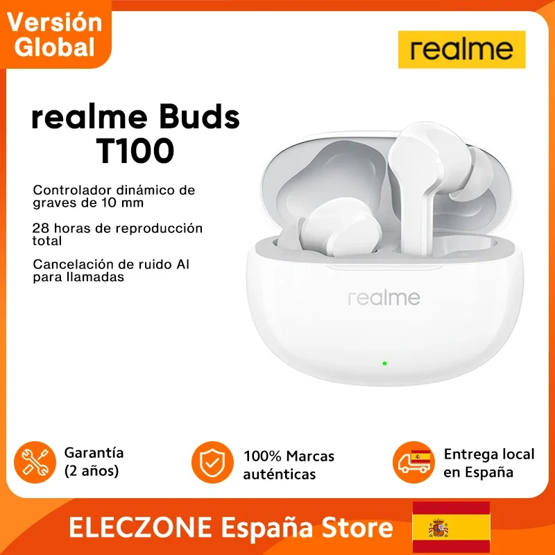 Versione Globale Degli Auricolari Realme Buds T100 Tws True Wireeless Earbuds Ai Noise Cancellation Per Le Chiamate 10 Mm Dynamic 28 Hour Battery Ipx5