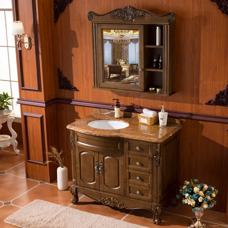 European-Style Solid Wood Antique Bathroom Mirror Cabinet Combination American Oak Bathroom Cabinet Bathroom Marble
