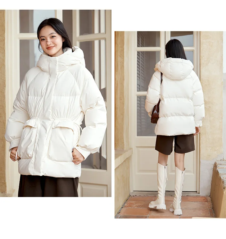 Down Jacket Women Mid-Length Loose Raglan Sleeve Simple Warm Winter Three-Defense Hooded Coat