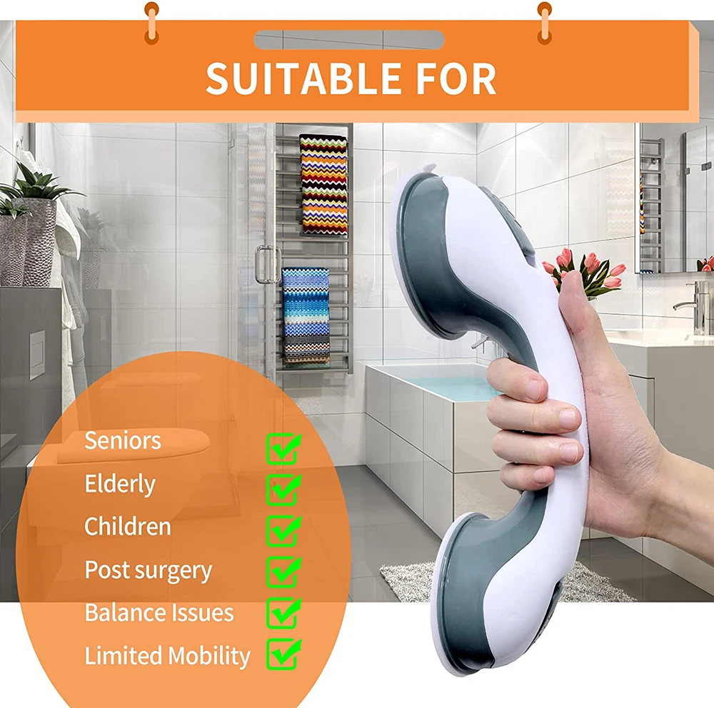 Shower Handle Grab Bars with Ultra Grip Dual Locking Suction Cups - Enhanced Anti-Slip Safety Support