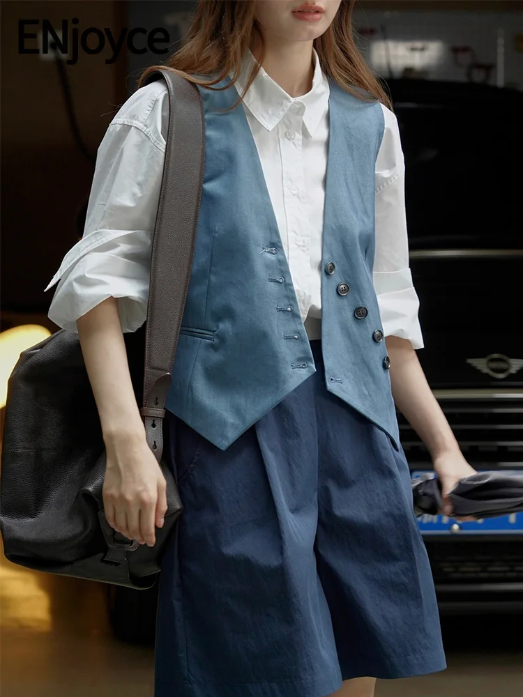 

ENjoyce Women Vintage Sleeveless Suit Vest Ladies Korean Elegant V-Neck Cropped Top Waistcoat Workwear Coats Spring Fall