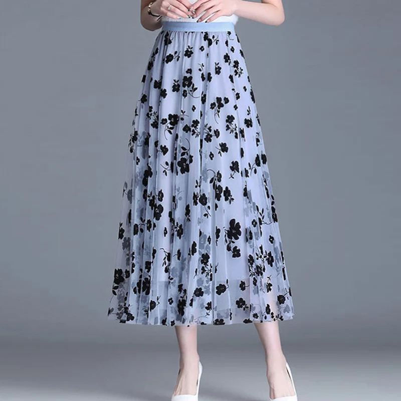 High Elastic Waist Sweet Mesh Print Pleated Skirt Casual Elegant All-Match Women's Skirt Summer Trend Office Lady's A-Line Skirt