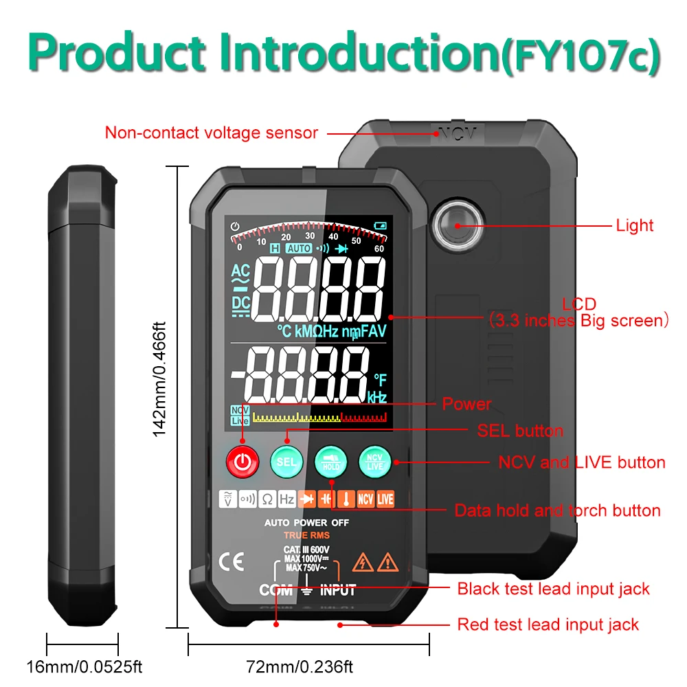 MASTFUYI Large Screen Digital Multimeter AC & DC Voltage Resistance Capacitor Diode Ambient Temperature 6000 Count Detector digital multimeter