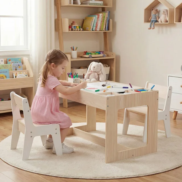 Multifunctional Kids Table & 2 Chairs Set w/ Removable Double-sized Tabletop