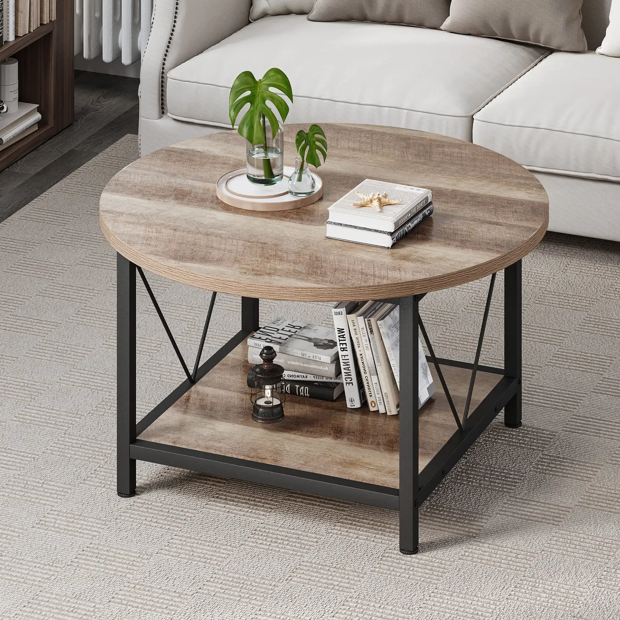 Round Coffee Table with Storage, Rustic Living Room Tables with Sturdy Metal Legs, OAK 3