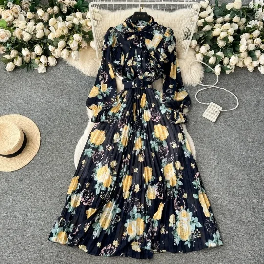 2024 French Spring New Long sleeved Heavy Crafted Pleated Bow Long Printed Chiffon Sweet Dress for Beach Vacation