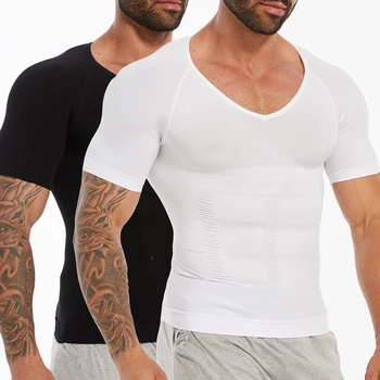 Men's Short Sleeve Compression T-Shirt V-Neck Shapewear Tummy Control Tank Top for Flat Belly Fitness Workout Slimming Body Shaper 1