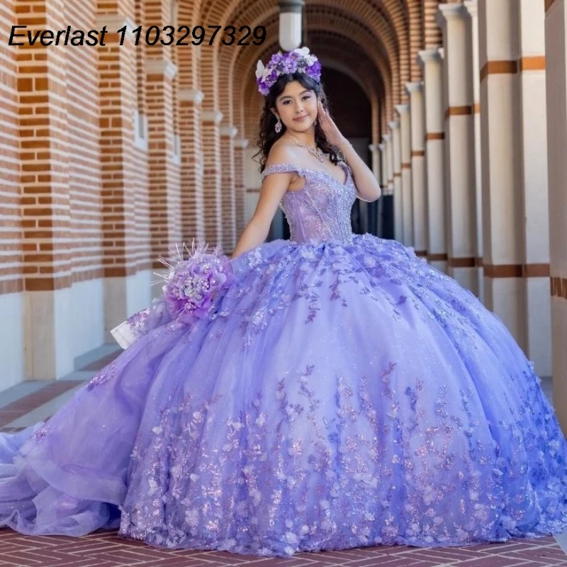 

EVLAST 2024 Lavender Quinceanera Dress Ball Gown Floral Applique Beading Tiered Mexico Corset Sweet 15 Vestido De 15 Anos TQD588