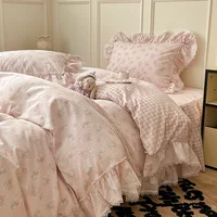 Korean Princess Style Ruffles Flower Print Bedding Set Duvet Cover Set Bed Skirt Bedspread Pillowcases 100% Cotton Home Textile