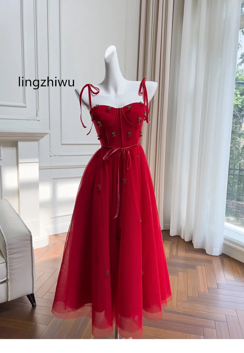 

lingzhiwu Mesh Dress French Design Berry Fish Bone Slim Waist Christmas Red Formal Dresses Elegant Vestidos New Arrive