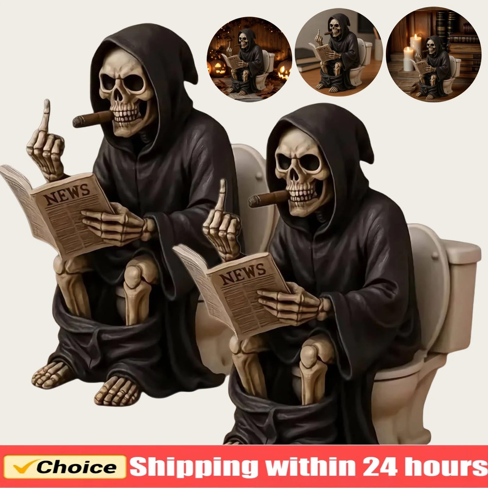 1/2pcs Halloween Wansheng Middle Finger Toilet Death God Statue Resin Crafts Ornament Wansheng Decoration Halloween Death Statue