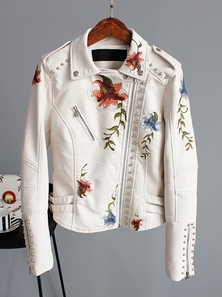 Leather Jacket Floral Embroidery | Leather Jacket Women
