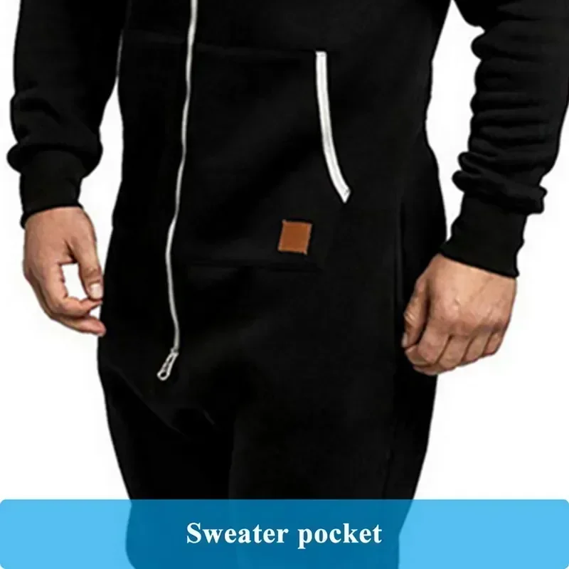 

Long Male Mens Autumn Onesie Pajamas Winter Casual Pure Zipper Color Jumpsuit Hoodie Splicing Sleeve Sweatpants