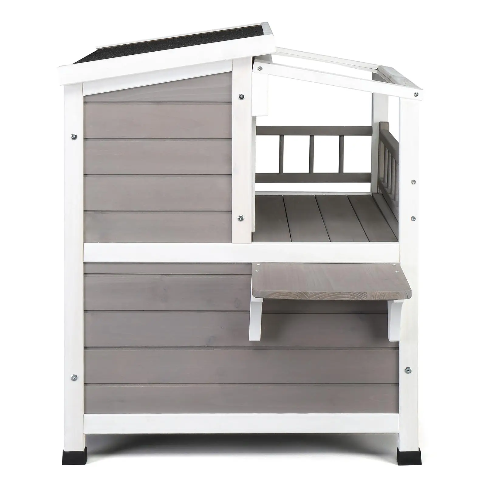 2-Story Luxury Wooden Cat House for Indoor/Outdoor Use-Weatherproof, Canopy, Balcony & Double Escape Door-Grey/White