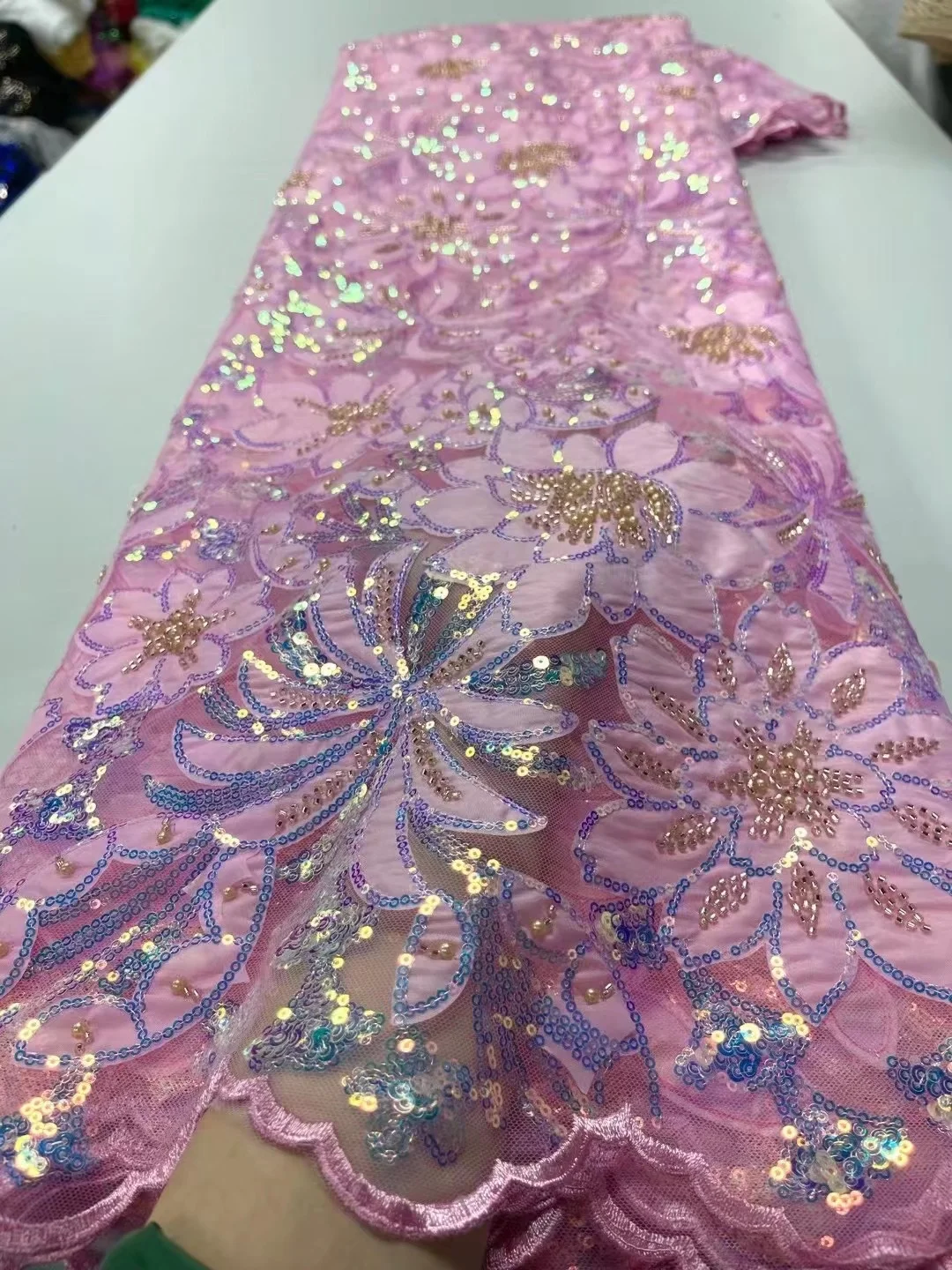 

African Luxury Pink Sequins Lace Fabrics Latest Beads Embroidery French Tulle Mesh Lace Fabric Material For Party Wedding