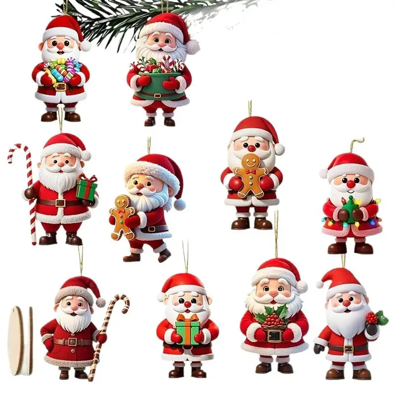 10Pcs Christmas Wooden Gingerbread Man Santa Claus 2D Flat Wooden Pendant Christmas Tree Decoration Perfect Holiday Gift Decor