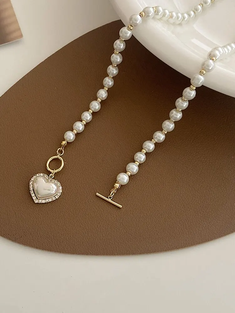 S9fa244ba4c1b4e7a96b64e21947367037 Elegant Pearl Necklace for Women Heart Pendant Necklaces Luxury Imitation Pearls Chain Necklaces Korean Jewelry Girls Gifts Mallzona