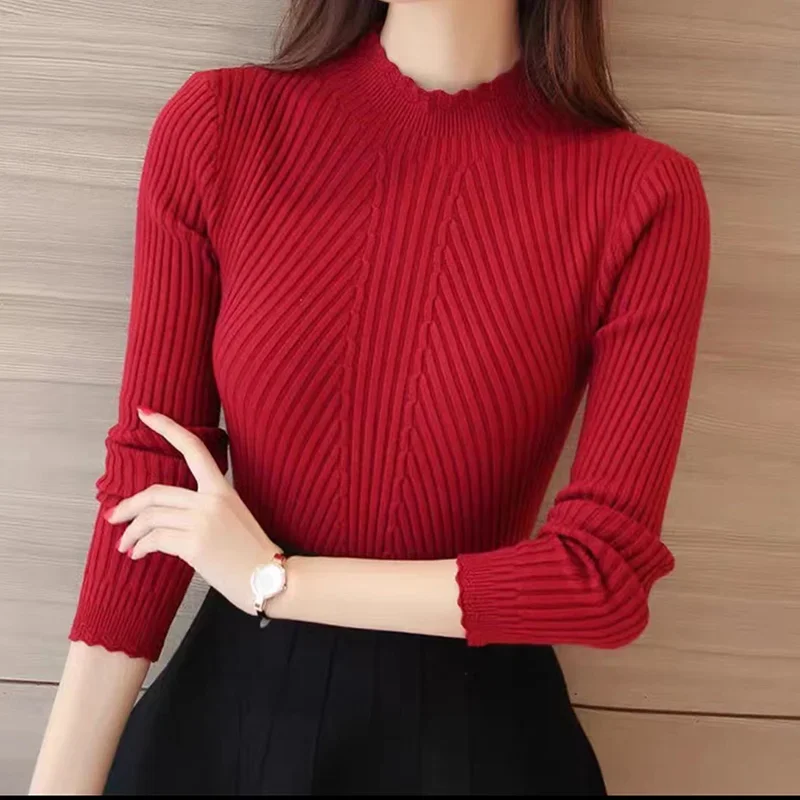 

Autumn Women Mock Neck Ruffles Sweater Long Sleeve Knitted Bottoming Solid Pullovers Stripe Women Casual Sweater Winter