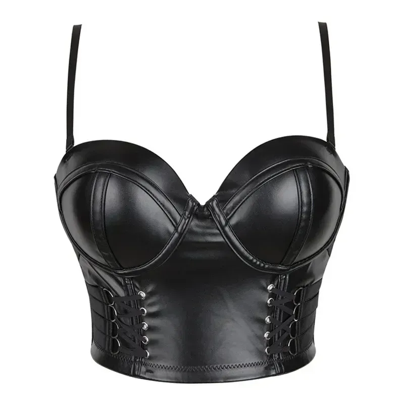 Women Leather Corset Top Crop Steampunk Bustier Gothic Bra Push Up Bodice Sexy Lingerie Corselet Party Short Camis