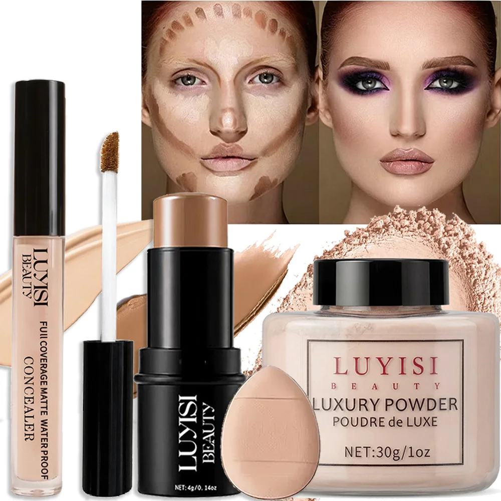 Set completo di trucco per il viso da 4 pezzi: 1 correttore + 1 cipria + 1 contorno + 1 spugnetta. Cosmetici per il viso impeccabili, opachi, impermeabili e morbidi. - immagine 2