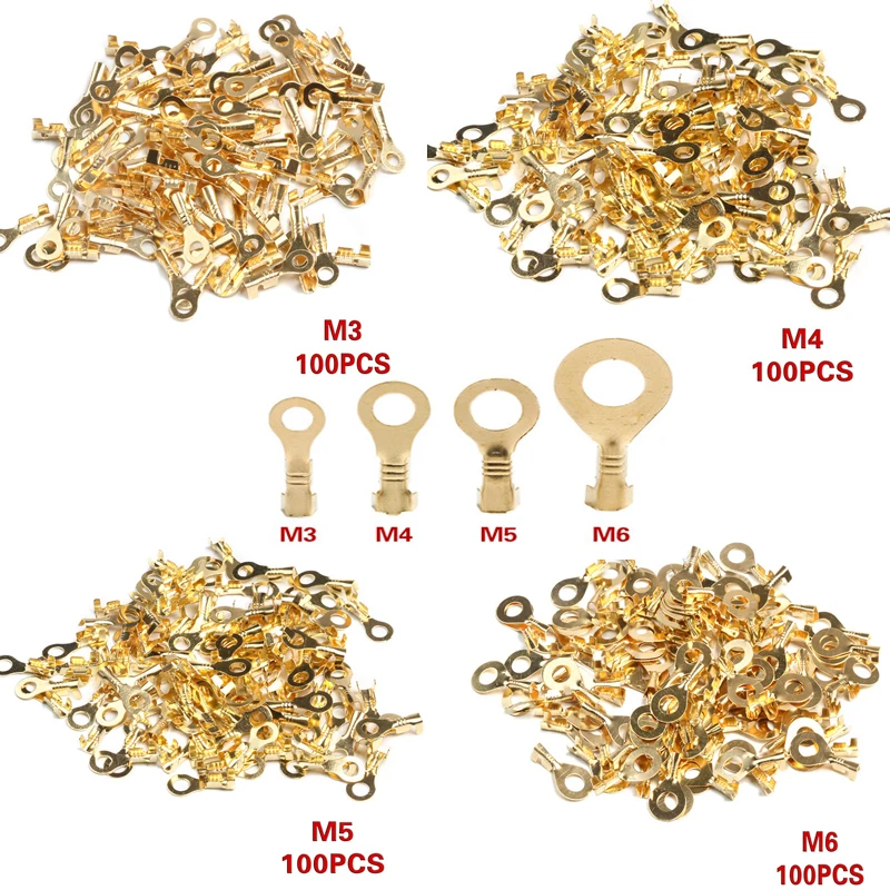 100Pcs 3.2-6.2mm Non-insulated Ring Cable Lugs Terminals Assorted Naked Connector Wire Cable Connectors Brass Terminals Kit