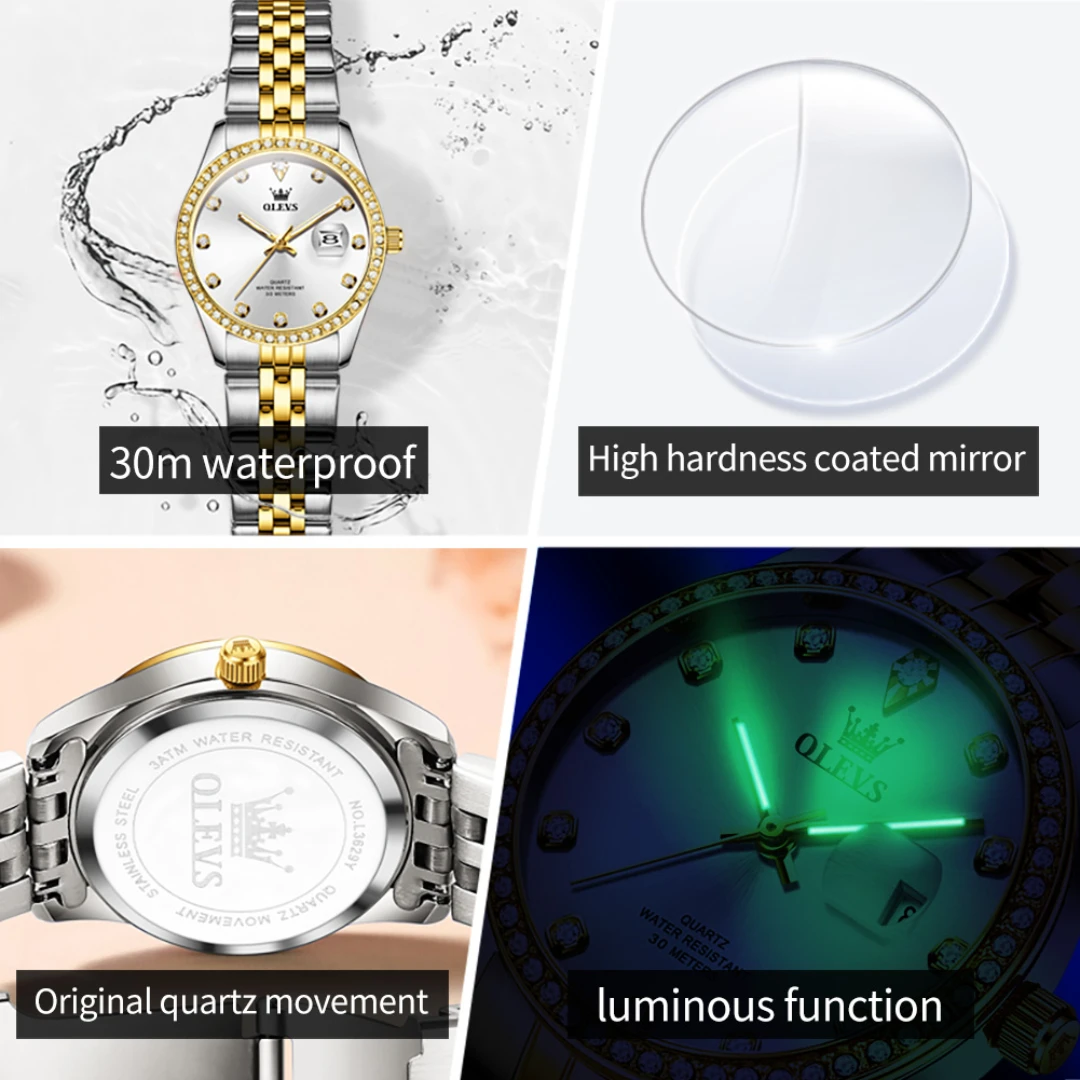 OLEVS 3629 Fashion Quartz Watch Gift Round-dial Stainless Steel Watchband Wristwatch Calendar Luminous 5