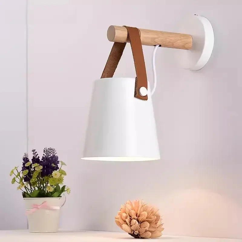 LED Bedside Wall Lamp Nordic Wood Leather Belt Hanging Sconces for Bedroom Study Living Room Modern Home Indoor Decorative Light 2