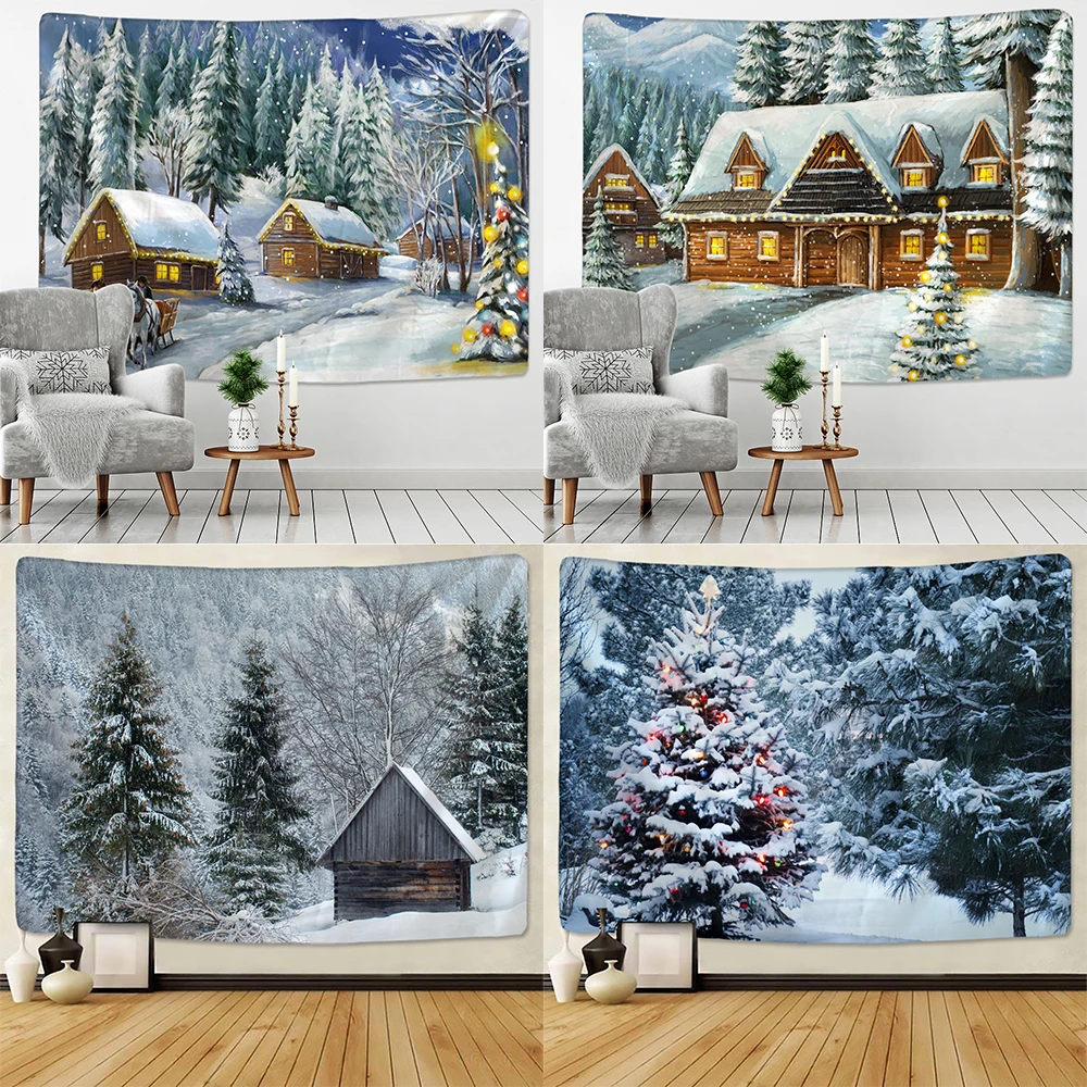 

Home Decor Christmas Snow Forest Cottage Print Tapestry Boho Hippie Wall Backdrop Fabric Рождественский гобелен