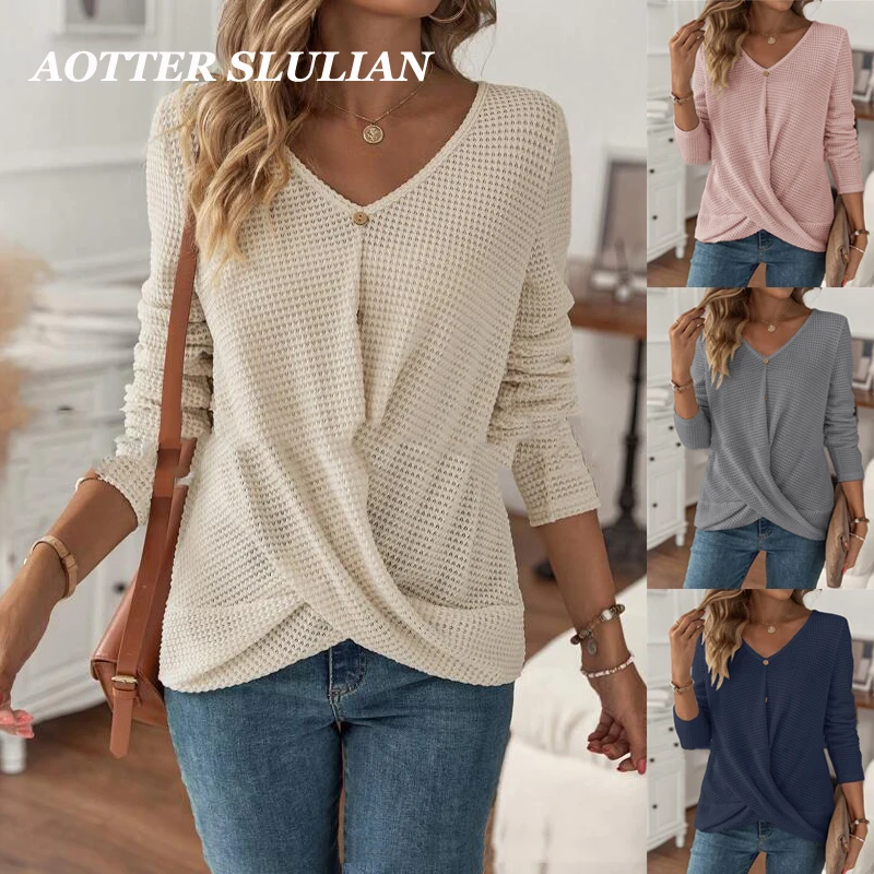 

Женская однотонная трикотажная верхняя одежда, элегантное женское короткое пальто, осенняя мода 2023, новая футболка с V-образным вырезом и длинным рукавом