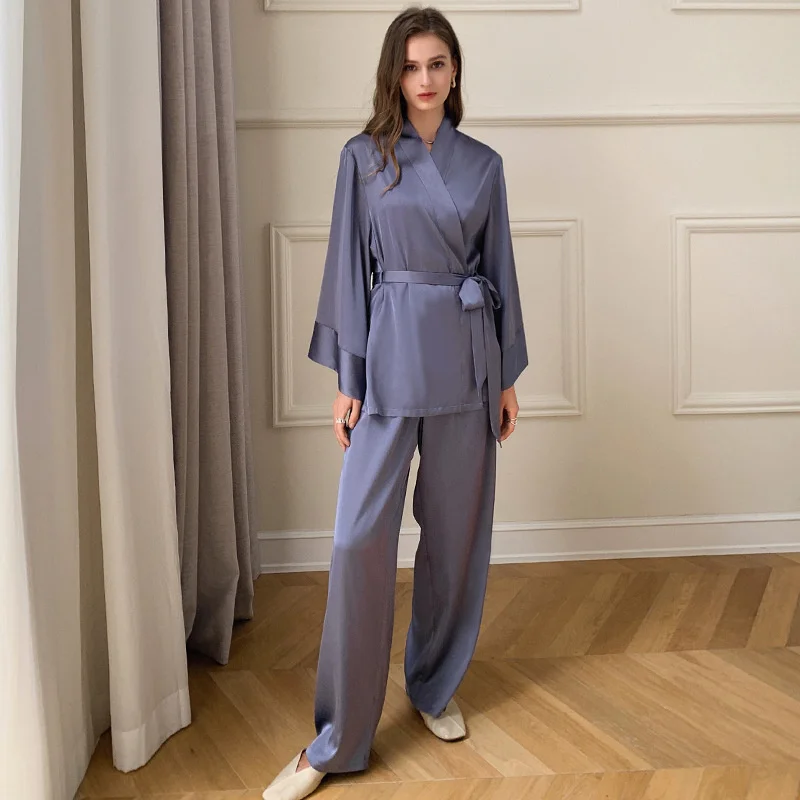 2022 New Pajamas Women's Spring Summer Long Sleeve French Ice Silk Satin Chiffon Home Clothes Thin Suit 2702